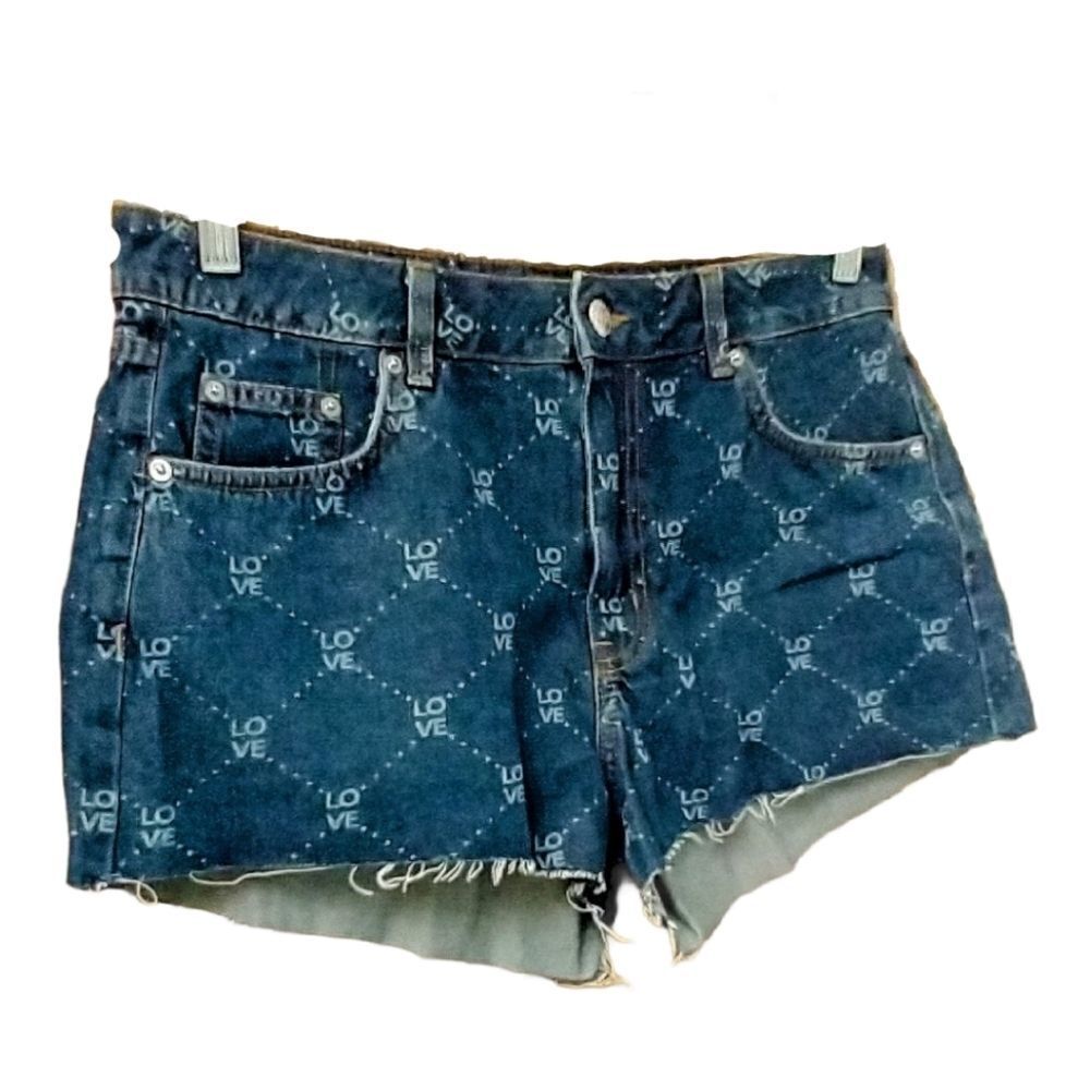 H&M DIVIDED Women's Dark Blue Denim" LOVE"βJean Shorts Sizeβ12 - Picture 7 of 13